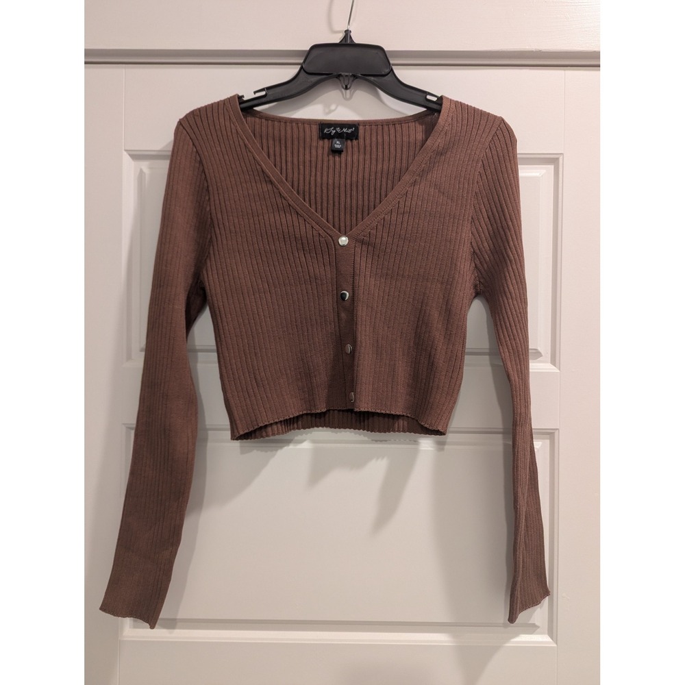 Say What Brown Ribbed Knit 2 Piece Set Crop Cardigan and Mini Skirt XL